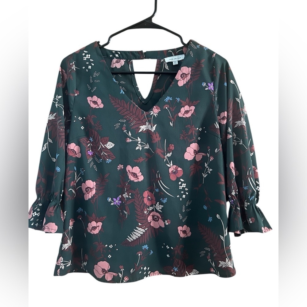 Skies Are Blue Dark Green Blouse with Pink and Purple Floral Design - Picture 2 of 11